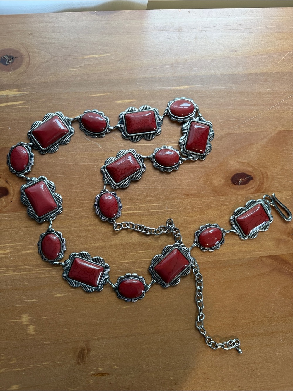 Silver-Tone Red Stone Link western belt